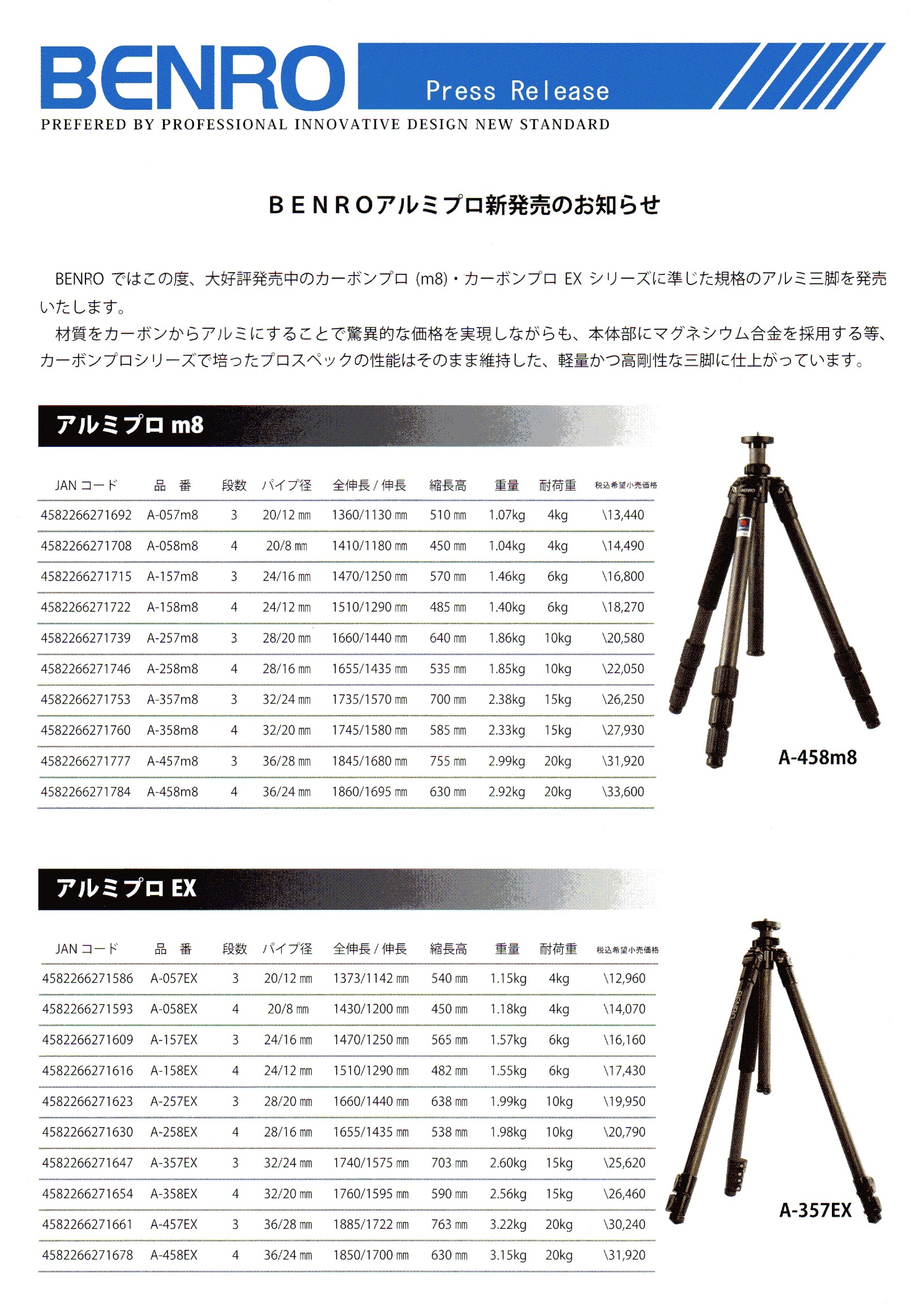  デジタル一眼レフカメラ比較・選び方入門 デジ一.com　BENRO（ベンロ）2010年カタログ　（アルミプロm8　アルミプロEX）